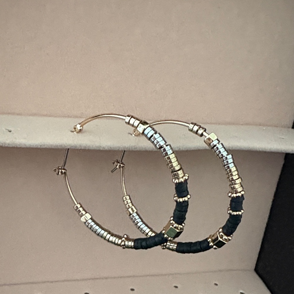 All Saints Gold Tone Hoop Earrings with Black, Gold & Silver Bead Wrap